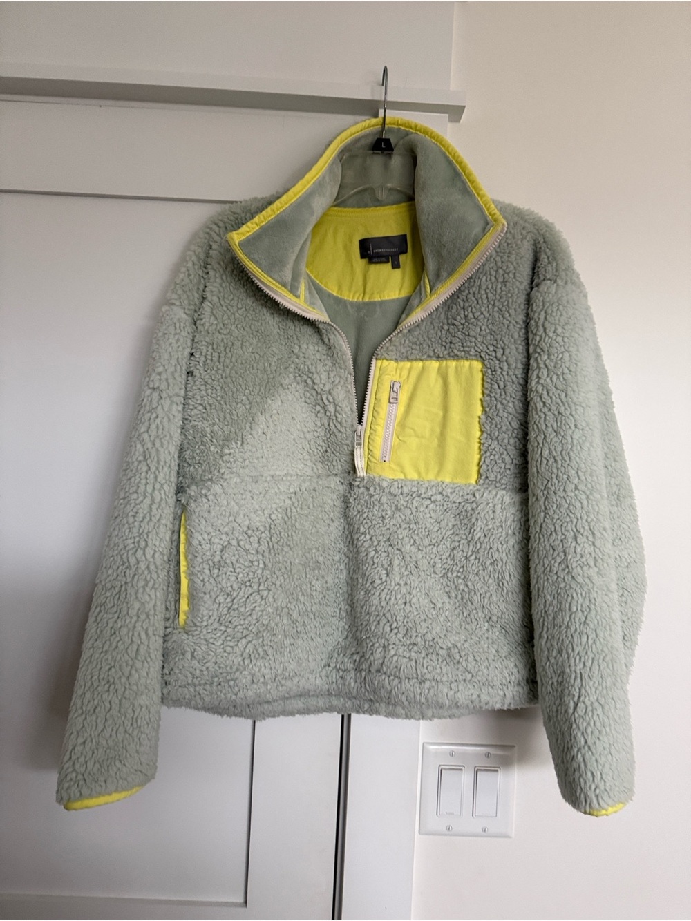 Anthropologie Cozy Sherpa Pullover Jacket - Light Mint with Yellow Trim
